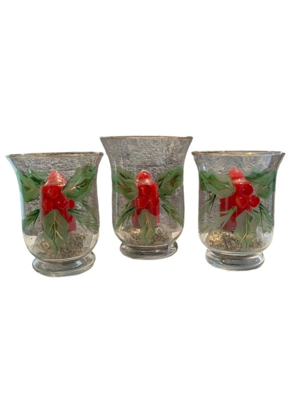 Elements Set Of 3 Holly Hurricane Candle Holders Christmas Decor Hand Painted